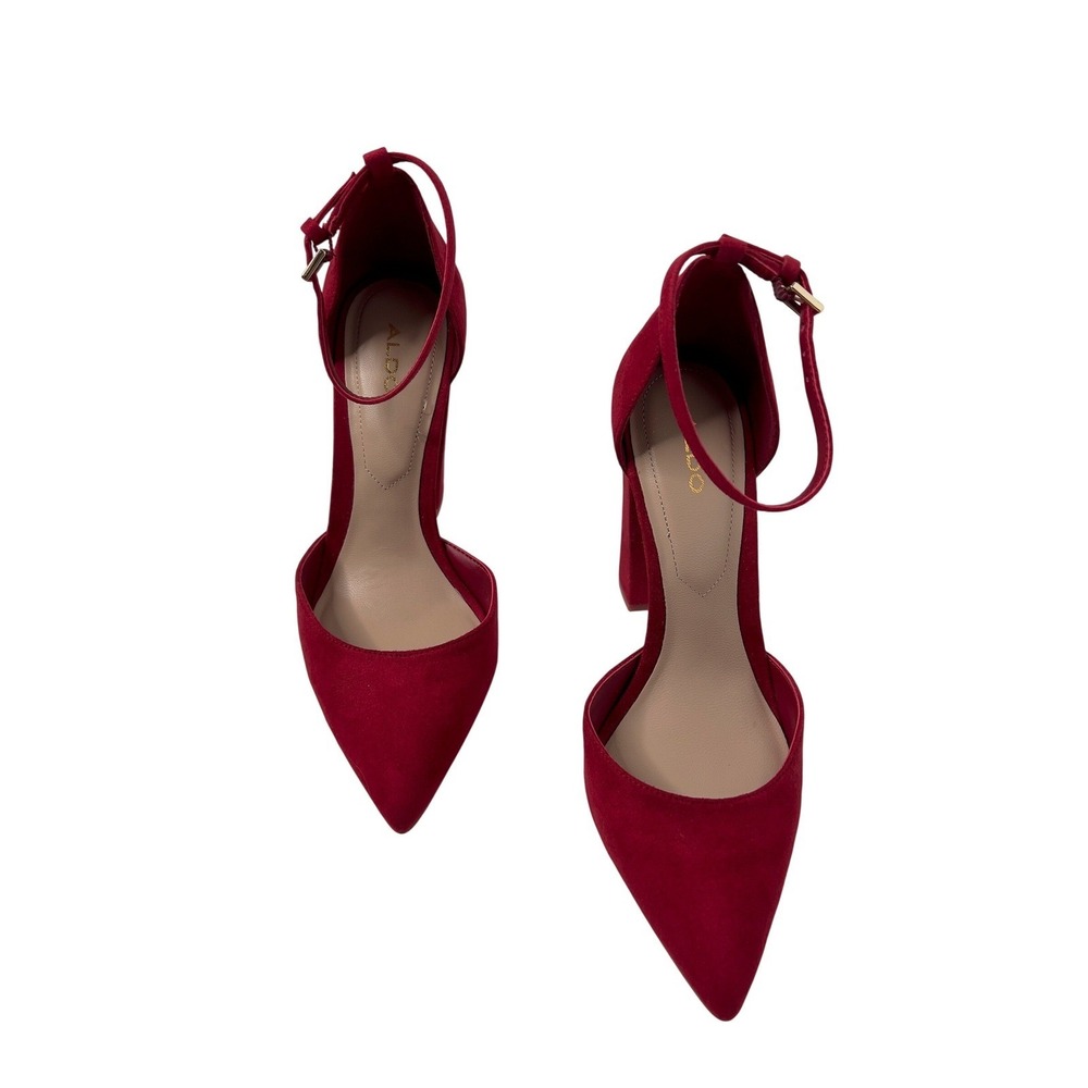 ALDO Women Red Suede Ankle Strap Block Heel Pointed Toe Pumps Size 6 - Picture 9 of 16
